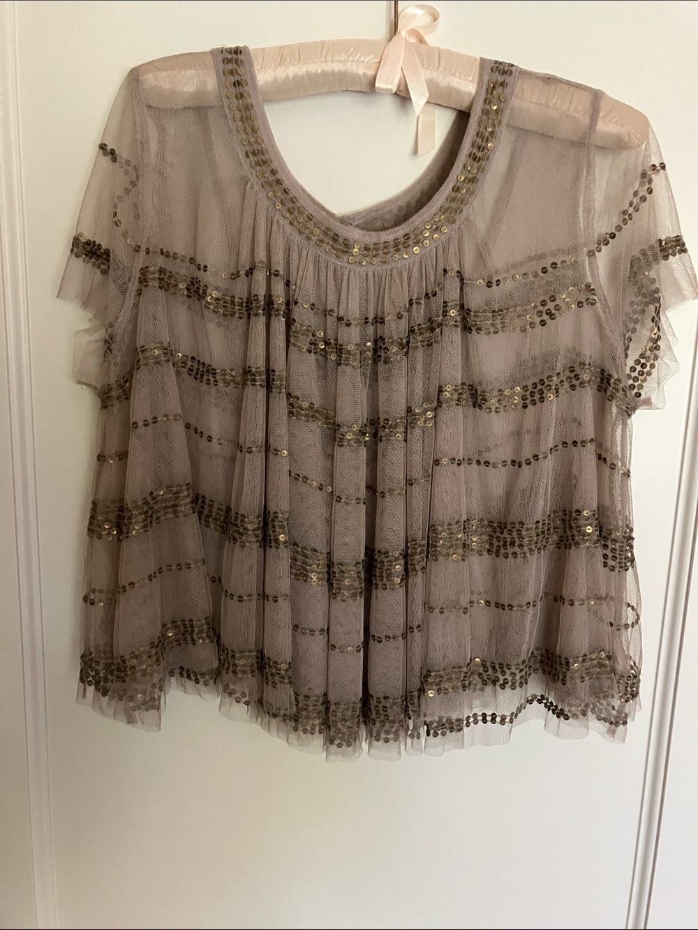 Free People Taupe Tulle Top with Gold Sequin Stripes